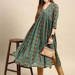 Anouk Women Green & Pink Pure Cotton Floral Printed Gotta Patti Floral Kurta-38
