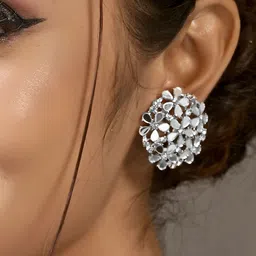 TANAIRA Silver-Plated Cubic Zirconia Studded & Mirror Embellished Circular Studs-43