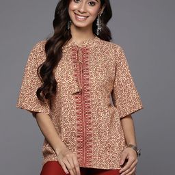 Anouk Women Ethnic Motifs Printed Tie-Up Neck Flared Sleeve Pure Cotton Top-image-70