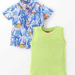 Babyhug 100% Cotton Half Sleeves Leaf Printed Shirt With Solid Inner T-Shirt - White Blue & Green-image-34