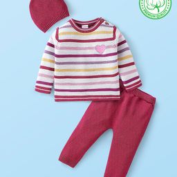 Babyhug Organic Cotton Full Sleeves Striped Baby Sweater Set Heart Design - Multicolor-image-71