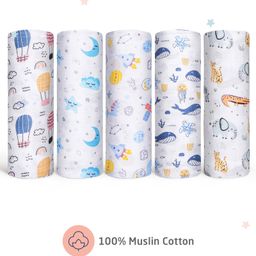 Zoe 100% Cotton Muslin Multipurpose Swaddle Wrap Pack of 5 Animal Print- Multicolour-picture-23