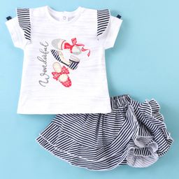 ToffyHouse Half Sleeves Top & Skirt With Belly Shoes Print - White & Navy Blue-image-93