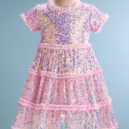 Babyhug Half Sleeves Sequined A-Line Party Frock with Frill Detailing - Pink-image-8