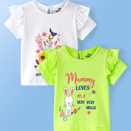 Doodle Poodle 100% Cotton Knit Half Sleeves T-Shirts with Floral Print & Frill Detailing Pack of 2 - Bright White & Green-image-77