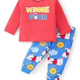Babyhug Disney Single Jersey Knit Half Sleeves Night Suit With Winnie The Pooh Graphics - Red & Blue-image-1