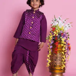 Little Bansi Cotton Full Sleeves Floral Foil Embroidered Kurta With Nehru Jacket & Dhoti - Purple-picture-18