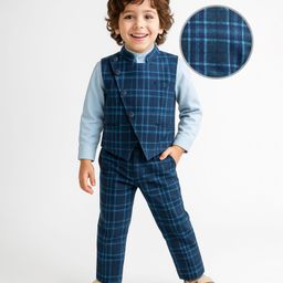 Babyhug Woven Full Sleeves Checkered 3 Piece Party Suit - Light Blue-picture-4