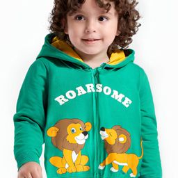 Babyhug Cotton Knit Full Sleeves Lion Printed Hooded Sweat Jacket - Sea Green-15