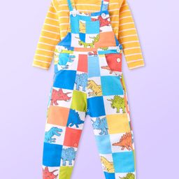 Babyhug Single Jersey Knit Dungaree and Full Sleeves Striped T-Shirt Set Dino Print - Yellow & Blue-image-73
