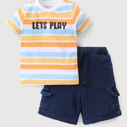 Babyhug Single Jersey Knit Half Sleeves Striped T-Shirt & Shorts Set - Navy Blue-picture-45