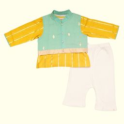 GREENDiGO Cotton Full Sleeves Foil Striped Kurta Pant With Bundi Set - Yellow & Green-image-2