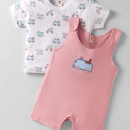 ToffyHouse Cotton Knit Dungaree Style Romper & Half Sleeves T-Shirt With Toys Print & Embroidery - Pink & White-image-73