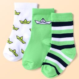 Cute Walk by Babyhug Knit Ankle Length Antibacterial Socks with Paper Boat Design & Stripes Pack of 3 - White & Green-image-35