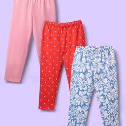 Babyhug Cotton Knit Full Length Leggings With Polka Dots & Floral Print Pack Of 3 - Red Pink & Light Blue-image-87
