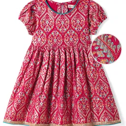 EARTHY TOUCH Single Jersey Knit Half Sleeves Ethnic Dress With Foil Print - Red-picture-33