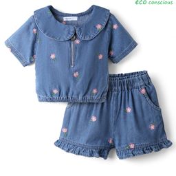 Babyoye 100% Cotton Half Sleeves Peter Pan Collar Top & Shorts Set with Floral Embroidery - Blue-15