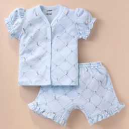 CUCUMBER Sinker Knit Half Sleeves Shorts Night Suit With Star Print - Light Blue-image-13