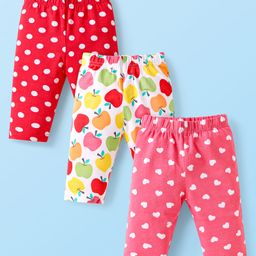Babyhug Cotton Lycra Knit Three Fourth Length Leggings With Polka Dot Heart & Fruit Print Pack of 3 - Dark Pink White & Red-image-88