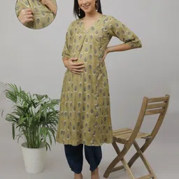 The Mom Store Cotton Three Fourth Sleeves Floral Printed & Striped Maternity Kurta With Nursing Access & Pant Set - Olive Green-picture-13