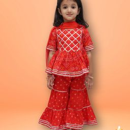 TIPPY TOP Cotton Half Sleeves Bandhani Designed Lace Embellished Peplum Kurta & Sharara With Dupatta Set - Red-image-37