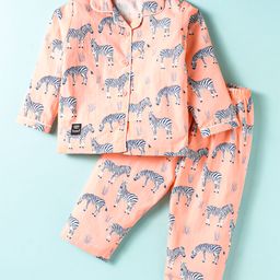 Enfance Core Cotton Woven Full Sleeves Zebra Printed Coordinating Night Suit Set - Peach-image-91