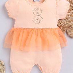 Wonderchild Interlock Woven Half Puffed Sleeves Teddy Bear Embellished Romper - Peach-image-64