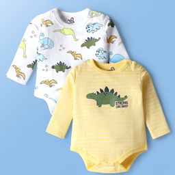 Doodle Poodle 100% Cotton Knit Full Sleeves Dino Printed Onesies Pack of 2 - White & Yellow-picture-5