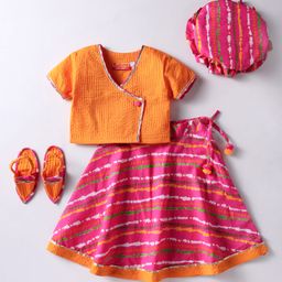 Exclusive from Jaipur Cotton Knit Half Sleeves Striped Choli Lehenga Set with Hat & Mojari - Orange-image-81