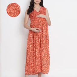 Mine4Nine Rayon Woven Sleeveless Floral Printed Maternity Dress With Front Open Nursing Access - Orange-image-18
