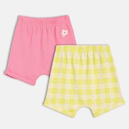 MINI KLUB Cotton Knit Pack Of 2 Checked & Floral Patch Detailed Shorts - Yellow & Pink-image-90