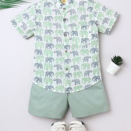 Aww Hunnie 100% Cotton Knit Half Sleeves Baby Elephants Printed Shirt & Shorts Set - Green-image-31