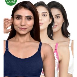 Inner Sense Organic Cotton Knit Pack of 3 Solid & Floral Printed Antimicrobial Maternity Bras With Nursing Access - Multi Colour-picture-16