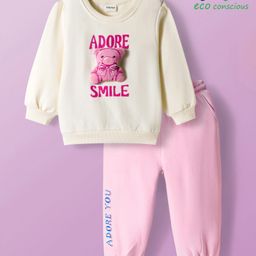 Babyoye 100% Cotton Knit Full Sleeves Winter Wear Suit Set with Teddy Print - Pink & White-picture-41