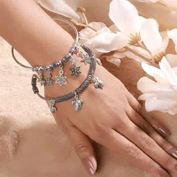 Sangria Set Of 2 Silver-Plated Oxidised Tribal Tortoise & Star Charm Bracelets-picture-9