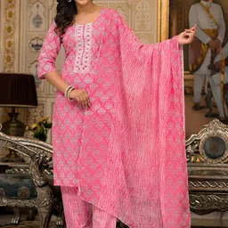 Juniper Women Floral Printed Regular Thread Work Pure Cotton Kurta with Trousers & With Dupatta-image-28