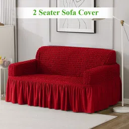 HOKIPO Red Self Design 2 Seater Stretchable Sofa Cover With Arms-14