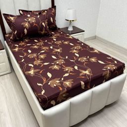 Pure Decor Brown & Cream-Coloured Floral Single Bedsheet with 2 Pillow Covers-image-87