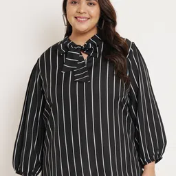 U&F Beyond Plus Size Vertical Striped Tie-Up Neck Puff Sleeves Top-image-43