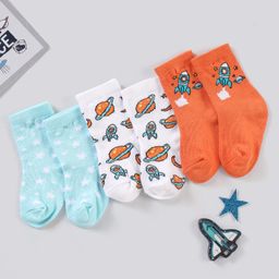 Cute Walk by Babyhug Ankle Length Anti Bacterial Space Theme Socks Pack Of 3 - Blue White-image-84