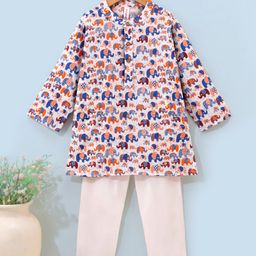 Babyhug 100% Cotton Full Sleeves Kurta With Payjama Set Elephant Print - Blue-image-73