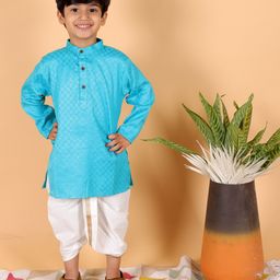 MoMaa Full Sleeves Self Designed Cotton Silk Kurta With Zari Work Detailed Dhoti - Turquoise Blue-17