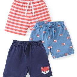 Babyhug Cotton Single Jersey Knit Shorts Stripes & Fox Print Pack Of 3 - Blue White & Orange-image-70