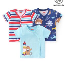 Babyhug 100% Cotton Antibacterial Half Sleeves Front Open Vest Stripes & Bear Print Pack of 3 - Blue Red & White-image-72
