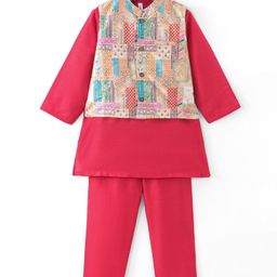Babyhug Cotton Woven Full Sleeves Kurta & Pajama Set with Printed Jacket - Red-image-124