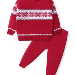 Babyhug Knitted Full Sleeves Sweater Set with Floral Design - Red-picture-45