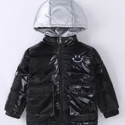 Kookie Kids Full Sleeves Front Open Padded Hooded Jacket With Smiley Embroidery - Black-picture-7