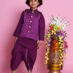 Little Bansi Cotton Full Sleeves Floral Foil Embroidered Kurta With Nehru Jacket & Dhoti - Purple-image-3