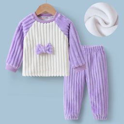 Kookie Kids Raglan Sleeves Winter Wear Night Suit With Bow Applique - White & Purple-image-25