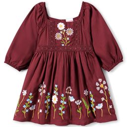 Babyhug Cotton Woven Three Fourth Sleeves Frock with Floral Embroidery & Lace Detailing - Wine-image-21
